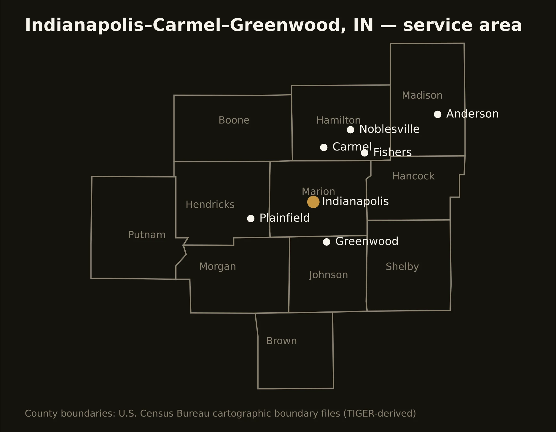 Indianapolis–Carmel–Greenwood, IN directional drilling service area map — component counties and cities served